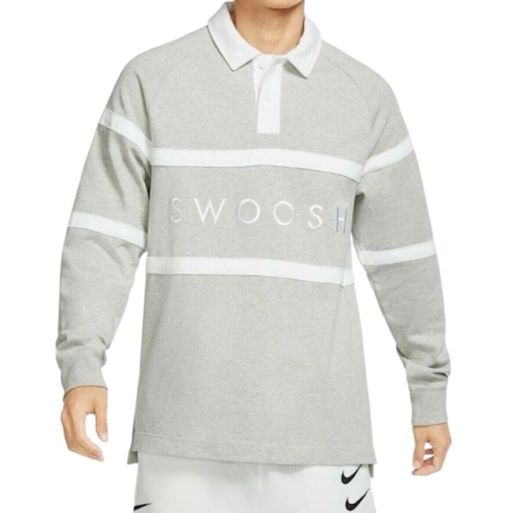 Nike Swoosh Grey & White Long Sleeve Rugby Polo Shirt
